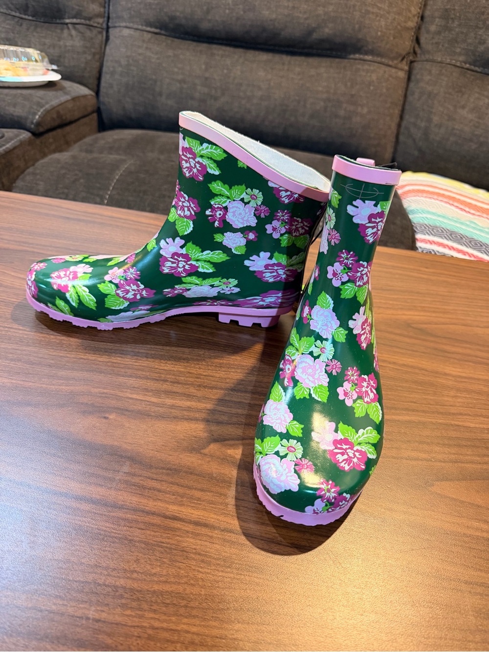 NWT Gardenline Ladies Garden Boots Women's Floral Rain Ankle Boots - Pink Trim